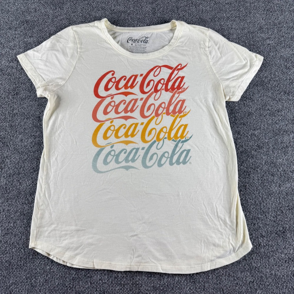 Coca-Cola Womens Graphic T-Shirt Medium Ivory Retro Stacked Logo Short Sleeve
